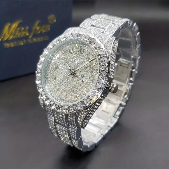 COPY - Silver Luxury Men's Watch Iced Out Twinkle Big Faux Diamond Quartz Watch - Picture 1 of 6